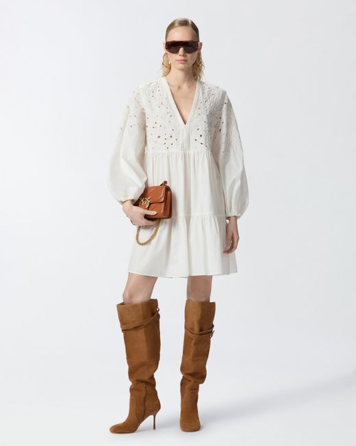 Pinko White Mini Dress With Openwork And Crystals