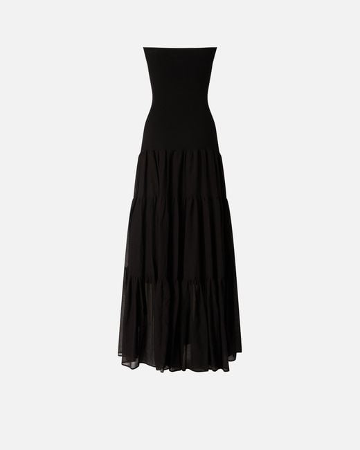 Pinko Black Long Dress With Ribbed Top And Flounced Skirt