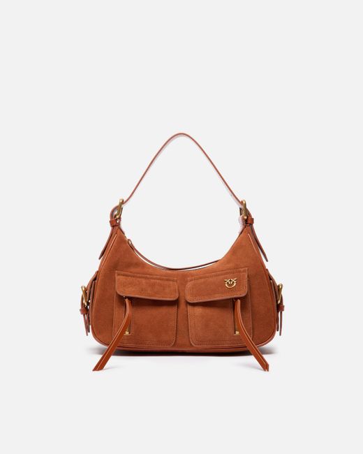 Pinko Brown Suede Cargo Shoulder Bag With Pockets