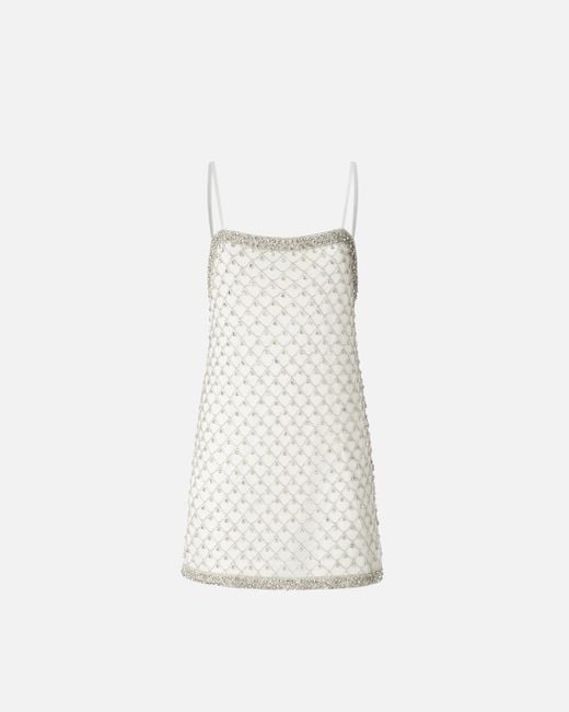 Pinko White Mini Dress With Spaghetti Straps And Crystal Mesh Embroidery