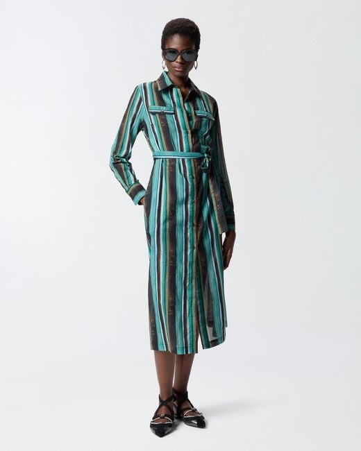 Pinko Green Cotton Midi Shirt Dress With Brushstroke-Effect Stripes