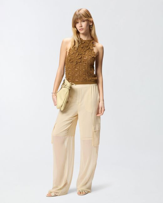 Pinko Brown Crochet-Effect Top With Appliqué Flowers