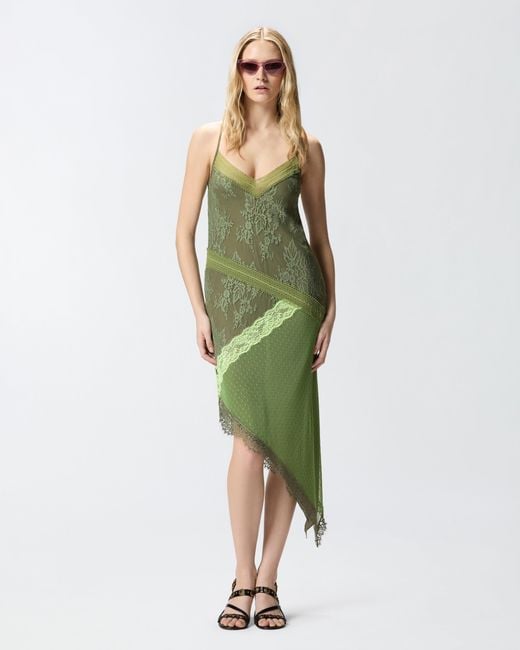 Pinko Green Asymmetric Patchwork-Effect Lace Mini Dress