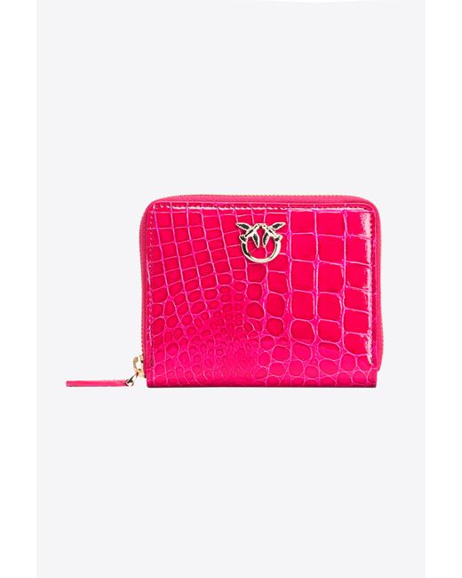 Pinko Pink Galleria Square Zip-around Wallet In Shiny Croc-print Leather