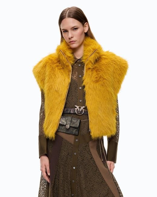Pinko Yellow Cropped Faux Fur Vest