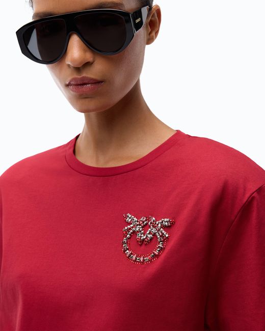 Pinko Red T-Shirt With Love Birds Jewel Detail