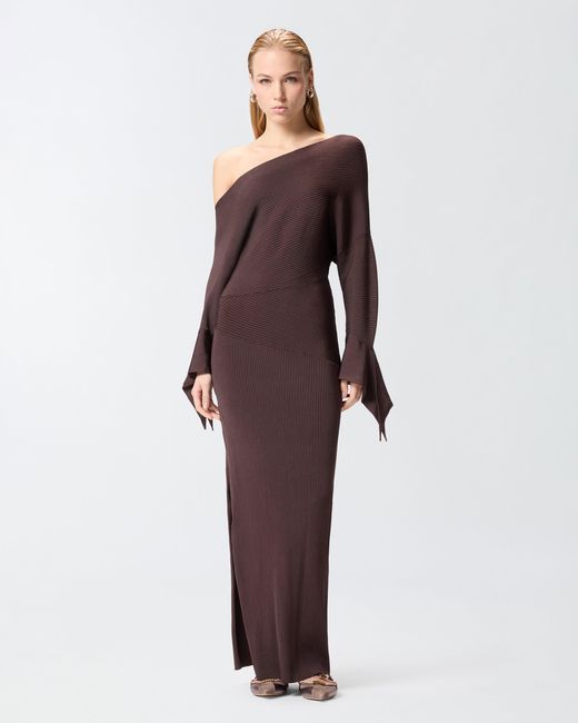 Pinko Brown Long Rib-Knit Dress With Asymmetrical Neckline