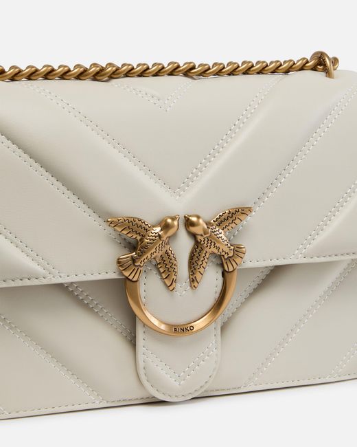 Pinko Natural Medium Love Bag Pebbled Leather Crossbody Bag With V-Shaped Pattern And Logo