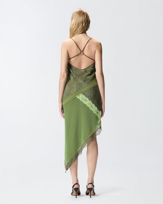 Pinko Green Asymmetric Patchwork-Effect Lace Mini Dress