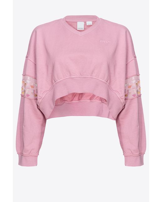 Pinko Pink Kurzes Sweatshirt Mit Handstickerei, Rauch Orchidee