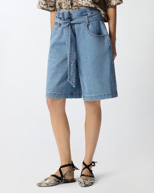 Bermudas Anchas De Denim Con Cinturón Pinko de color Blue