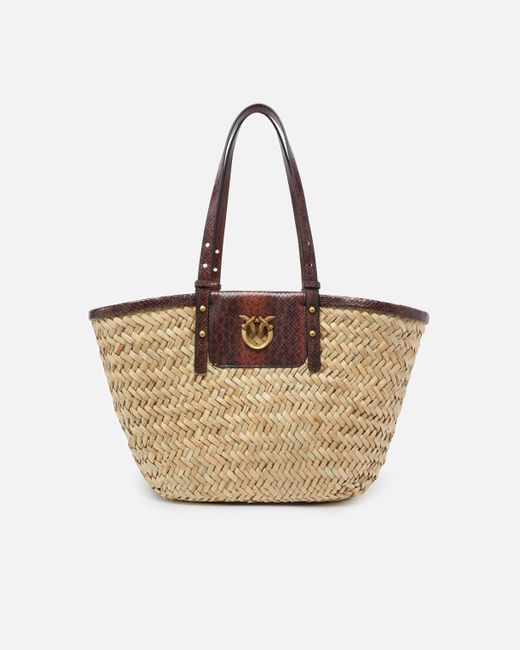 Pinko Natural Raffia Shopper Bag With Reptile-Print Details