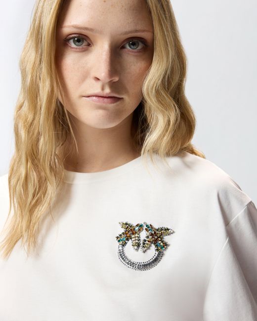 Pinko White T-Shirt With Love Birds Jewel Detail