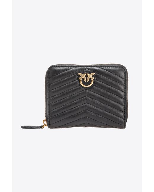 Pinko Black Square Zip-around Wallet In Chevron-patterned Nappa Leather