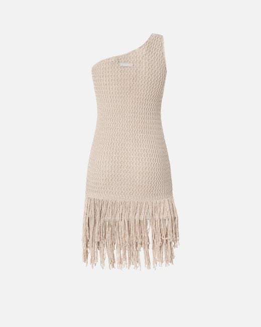 Pinko White One-Shoulder Mini Dress With Fringing