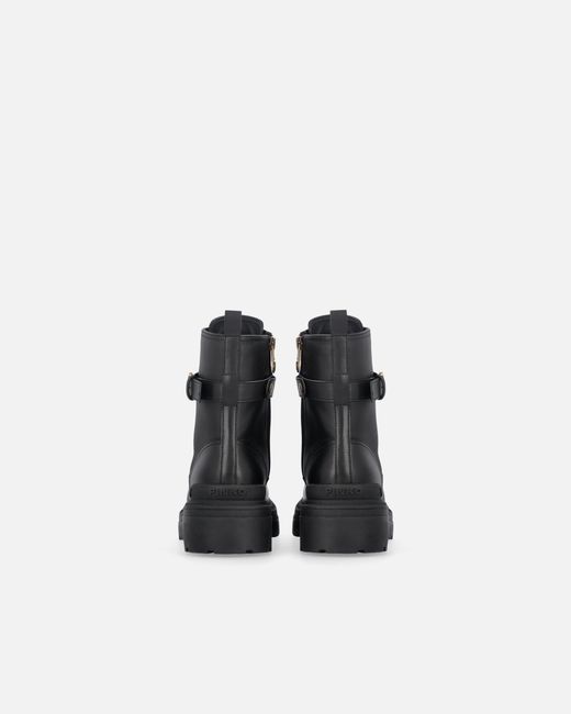 Pinko Black Leather Combat Boots With Branded Front Strap