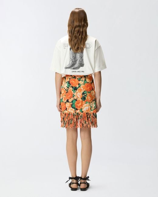 Pinko Orange Short Skirt With Fringing And Botanic Garden Print