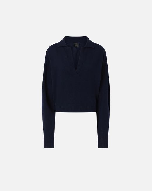 Pinko Blue Short Cashmere-Blend Sweater With Collar, Dark