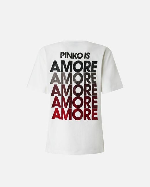 Pinko White T-Shirt With Rhinestoned Amore Lettering