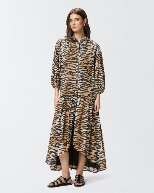 Pinko White Long Dress With Buttons And Animal Print
