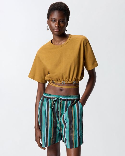 Pinko Natural Cropped T-Shirt With Lace And Texan Details