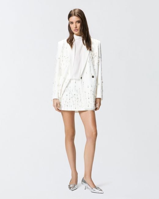 Minigonna Con Cristalli E Perle di Pinko in White