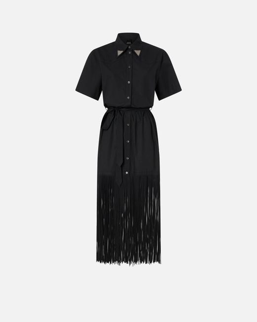 Pinko Black Long Shirt Dress With Fringing And Metallic Details