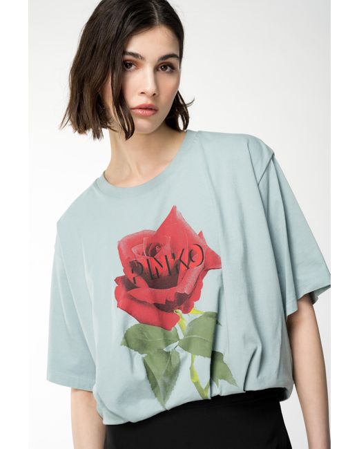 Pinko Blue Cropped T-shirt With Rose Print