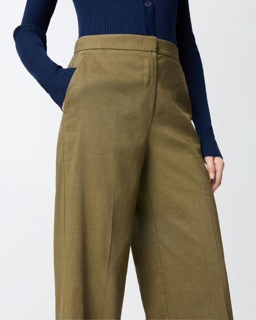 Pinko Green Stretch Linen Trousers With Crease