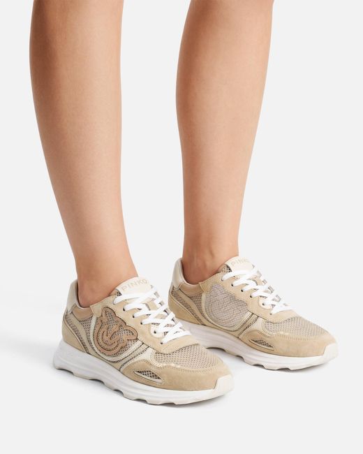 Pinko White Mesh And Suede Sneakers With Love Birds Logo