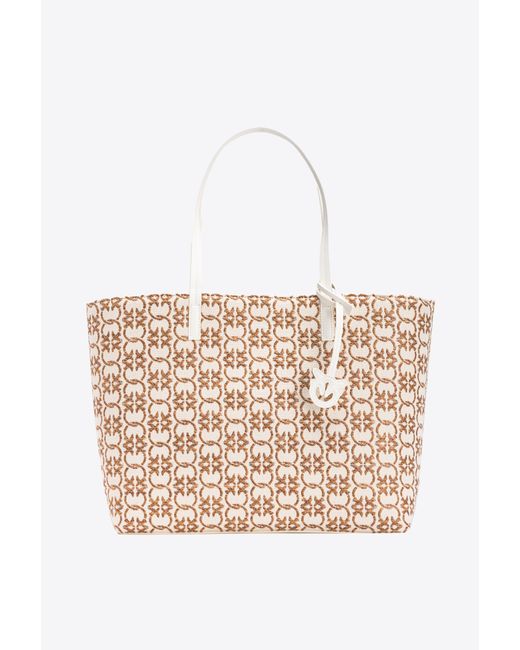Pinko White Big Shopper Bag In Monogram Raffia