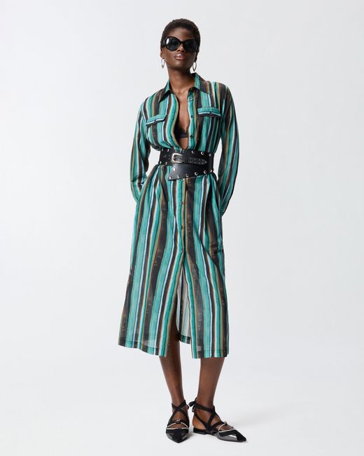 Pinko Green Cotton Midi Shirt Dress With Brushstroke-Effect Stripes