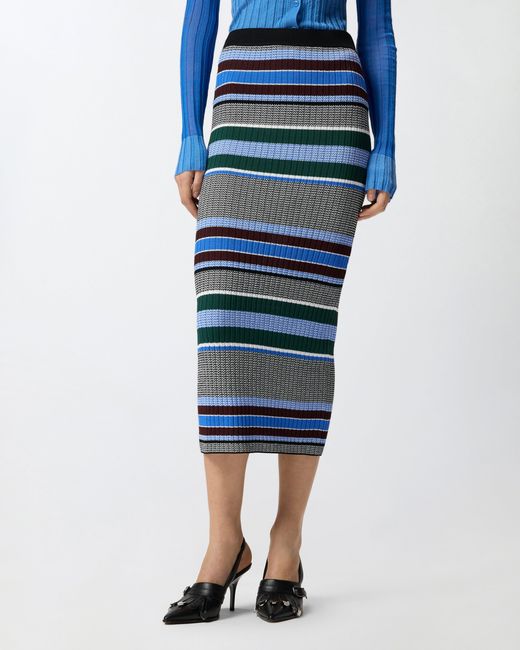 Pinko Blue Calf-Length Striped Knit Slim-Fit Skirt