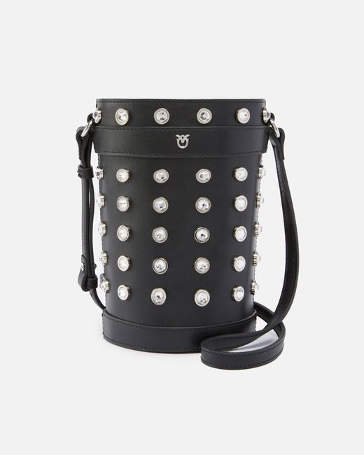 Pinko Black Small Leather Bucket Bag With Rhinestones
