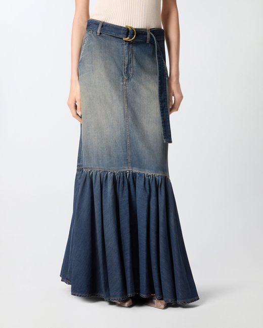 Pinko Blue Long Denim Skirt With Flounce And Belt