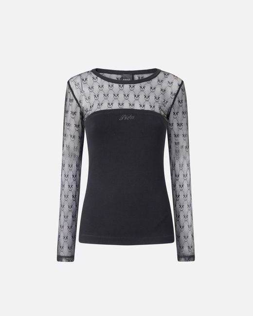 Pinko Black Jersey Sweater With Love Birds Logo Lace