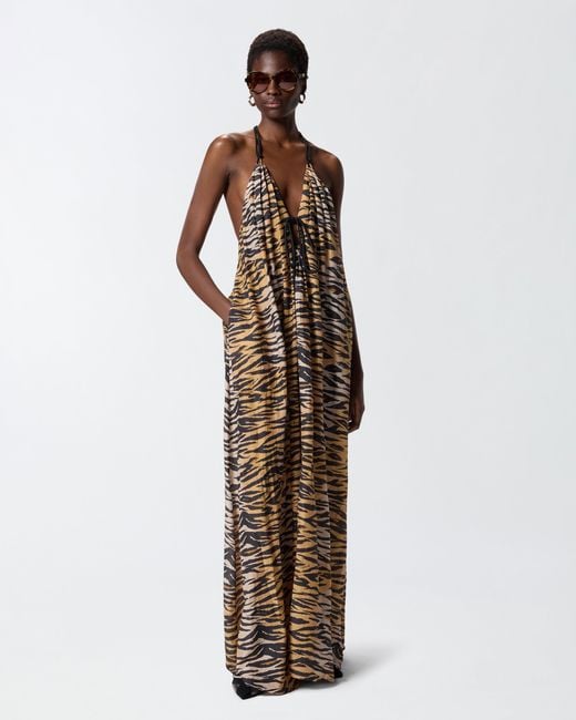 Pinko White Long Halterneck Dress With Animal Print