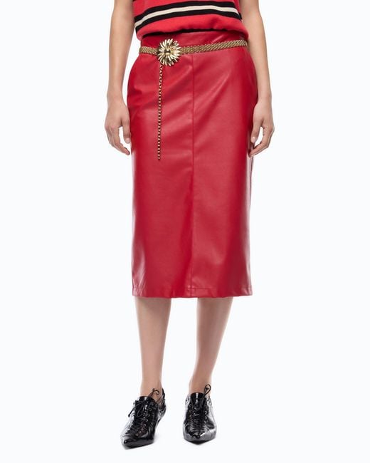 Pinko Red Nappa Leather-Effect Pencil Skirt