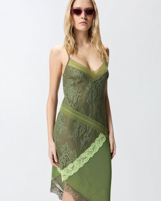 Pinko Green Asymmetric Patchwork-Effect Lace Mini Dress