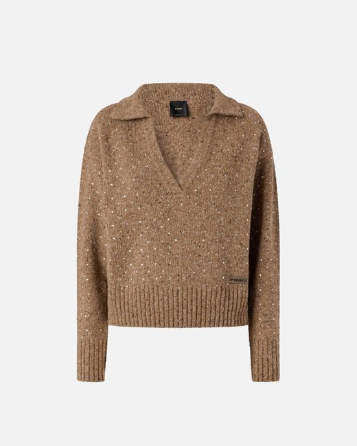 Pinko Brown V-neck Sweater With Rhinestones
