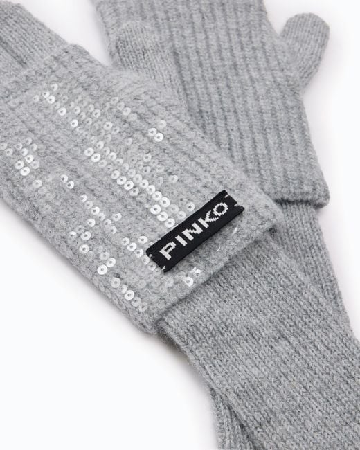 Pinko Gray Sequinned Gloves With Logo