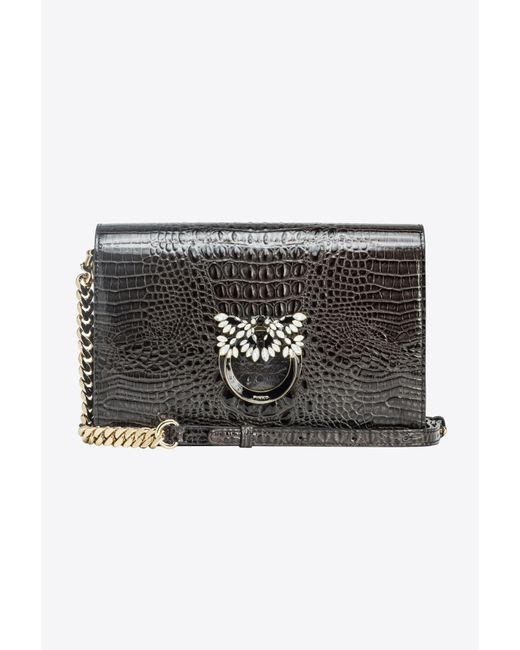 Pinko Black Galleria Classic Love Bag Click In Shiny Crocodile-print Leather