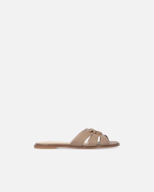 Pinko White Leather Slip-On Sandals With Love Birds Logo