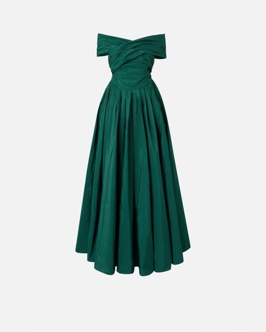 Pinko Green Elegant Long Taffeta Dress With Open Shoulders