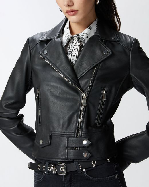 Pinko Black Short Zipped Nappa Leather Biker Jacket