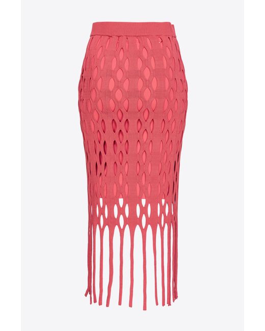 Pinko Red Mesh-effect Midi Skirt With Fringing