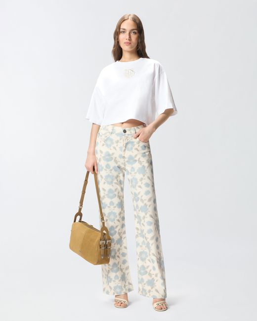 Pinko White Cropped T-Shirt With Love Birds Embroidery