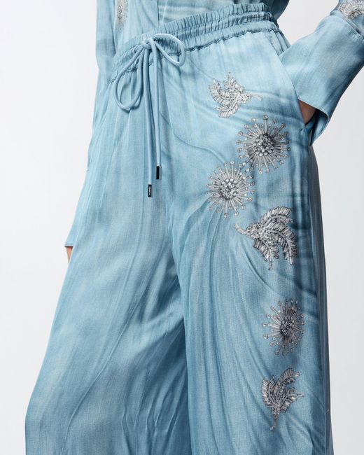 Pinko Blue Fluid Trousers With Placed Jewel Print