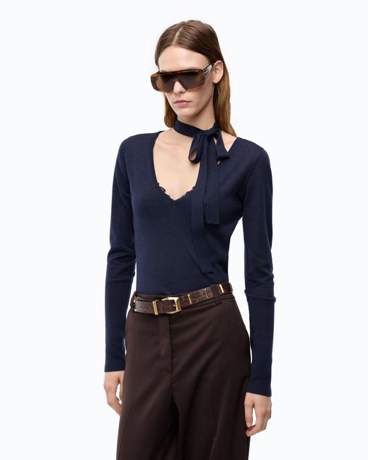 Pinko Blue Wool Sweater With Lace And Sash