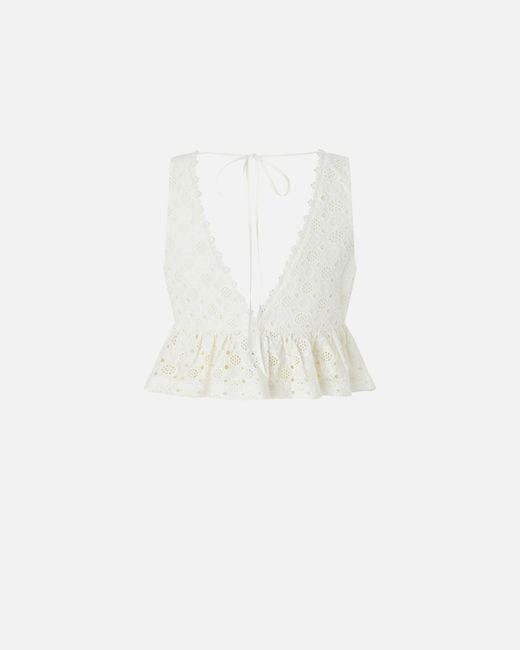 Pinko White Crop Top With Ruffle And Openwork Pattern